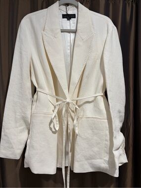 Zara light Cream Linen-Blend Blazer with Tie Waist/ size Small/ 65 % Linen